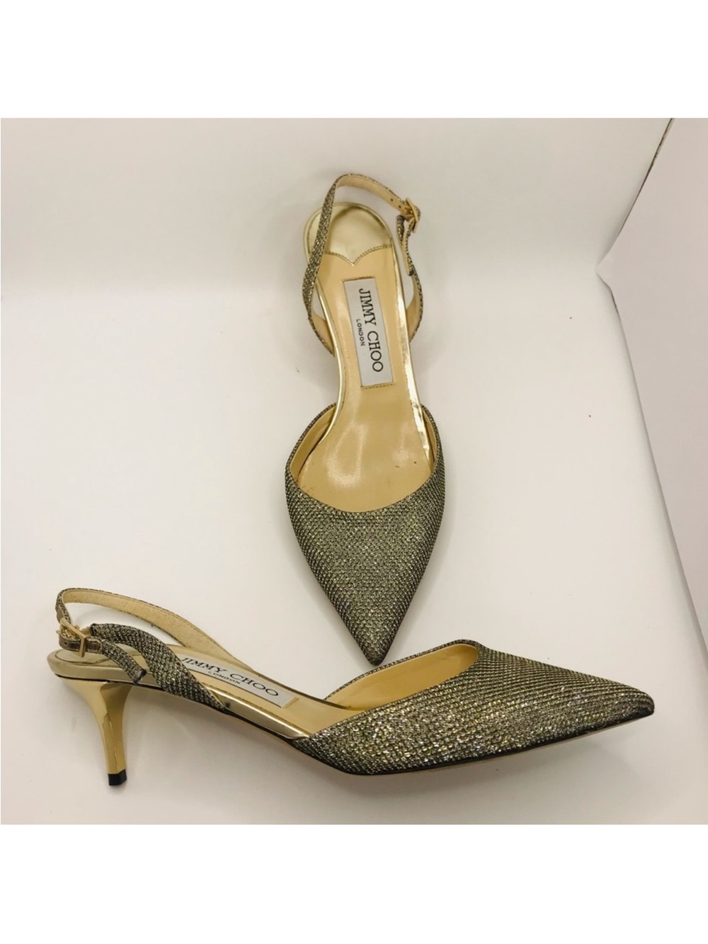 Jimmy Choo Gold Glitter Pointed Slingback Kitten Heels
